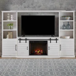 FARMHOUSE WHITE FIREPLACE 4 PIECE ENTERTAINMENT CENTER